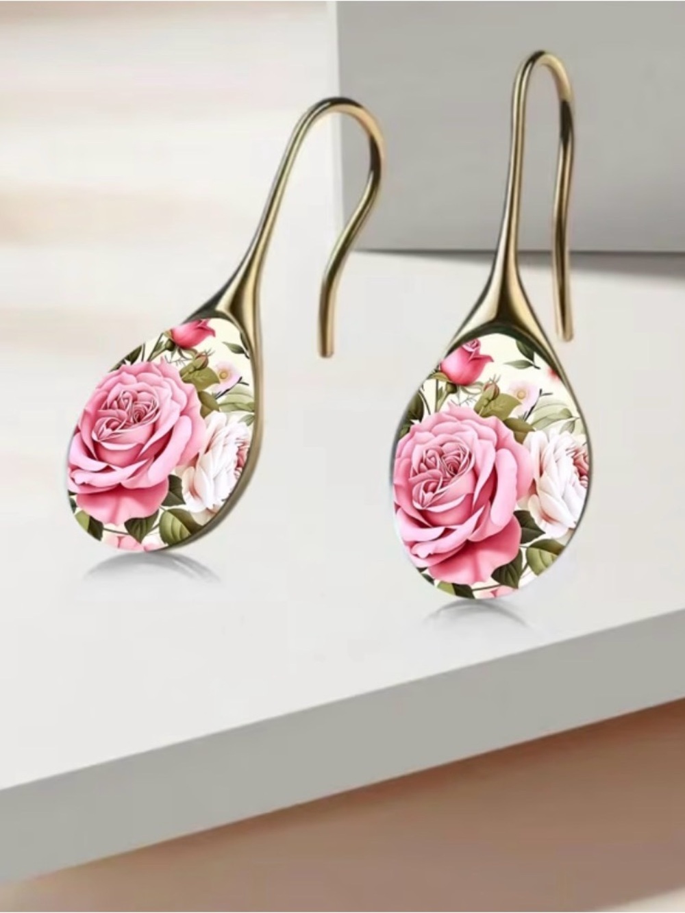 Gold Floral Pink Rose Drop Earrings